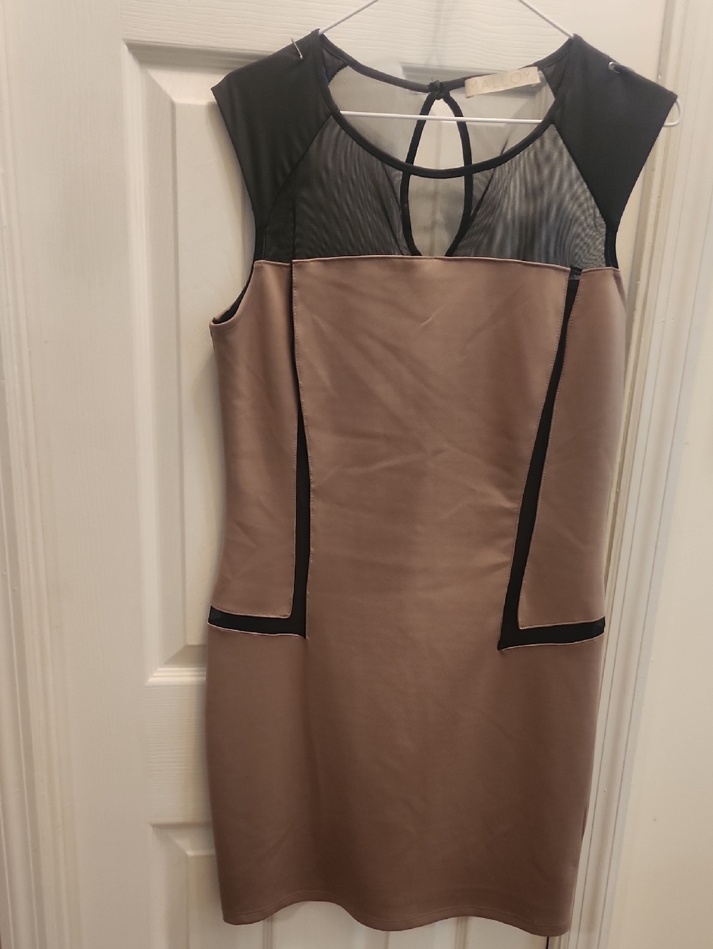 Sleeveless Taupe Midi Dress with Black Mesh Yoke